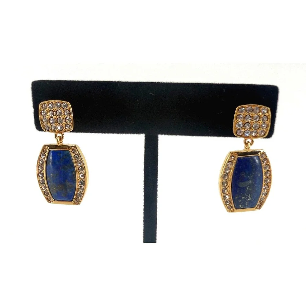 Danbury Mint Lapis Crystal Gold Tone Drop Earrings Blue Geometric Post Back